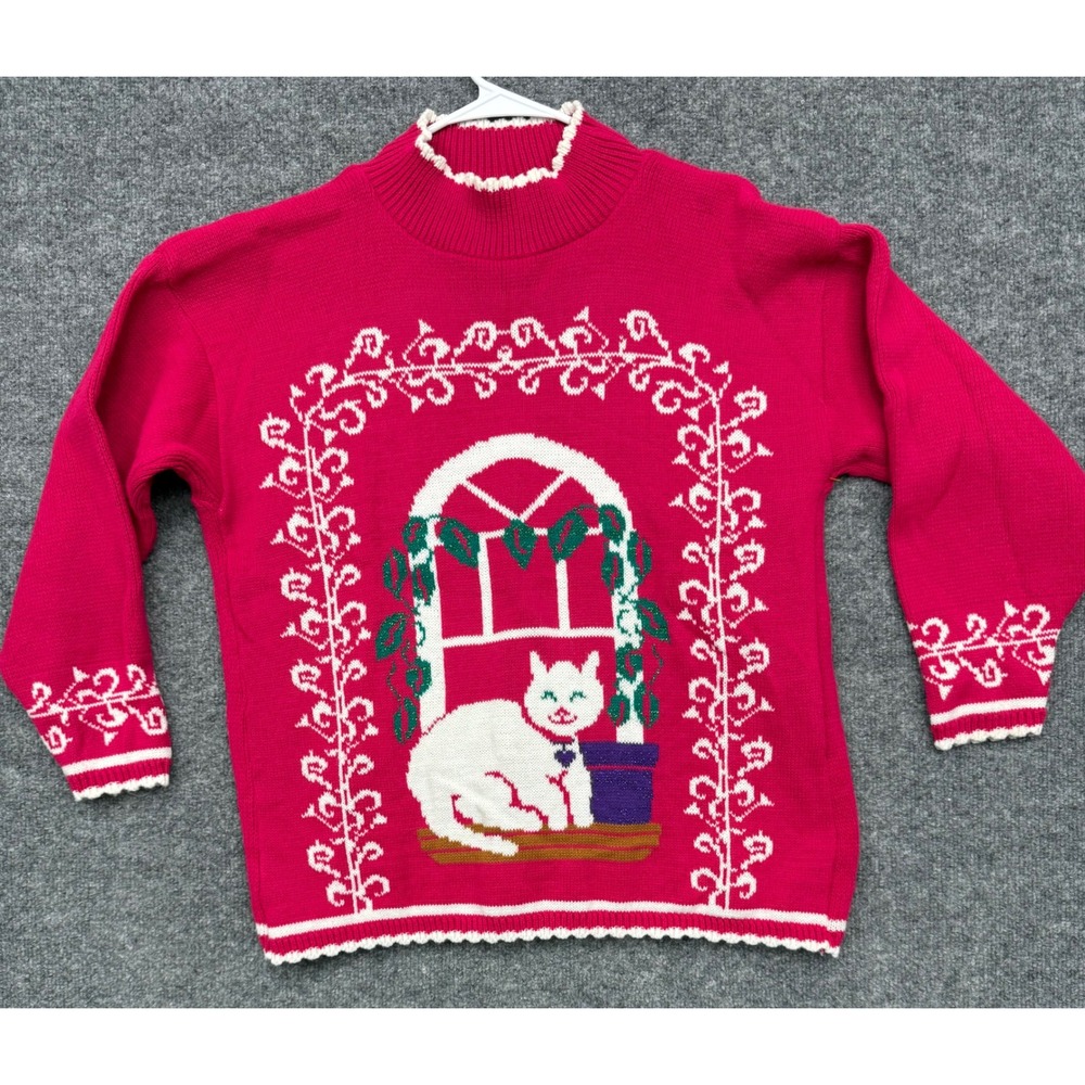 Vintage Pink Cat Window Intarsia Knit Sweater Mock Neck Scalloped Trim Womens